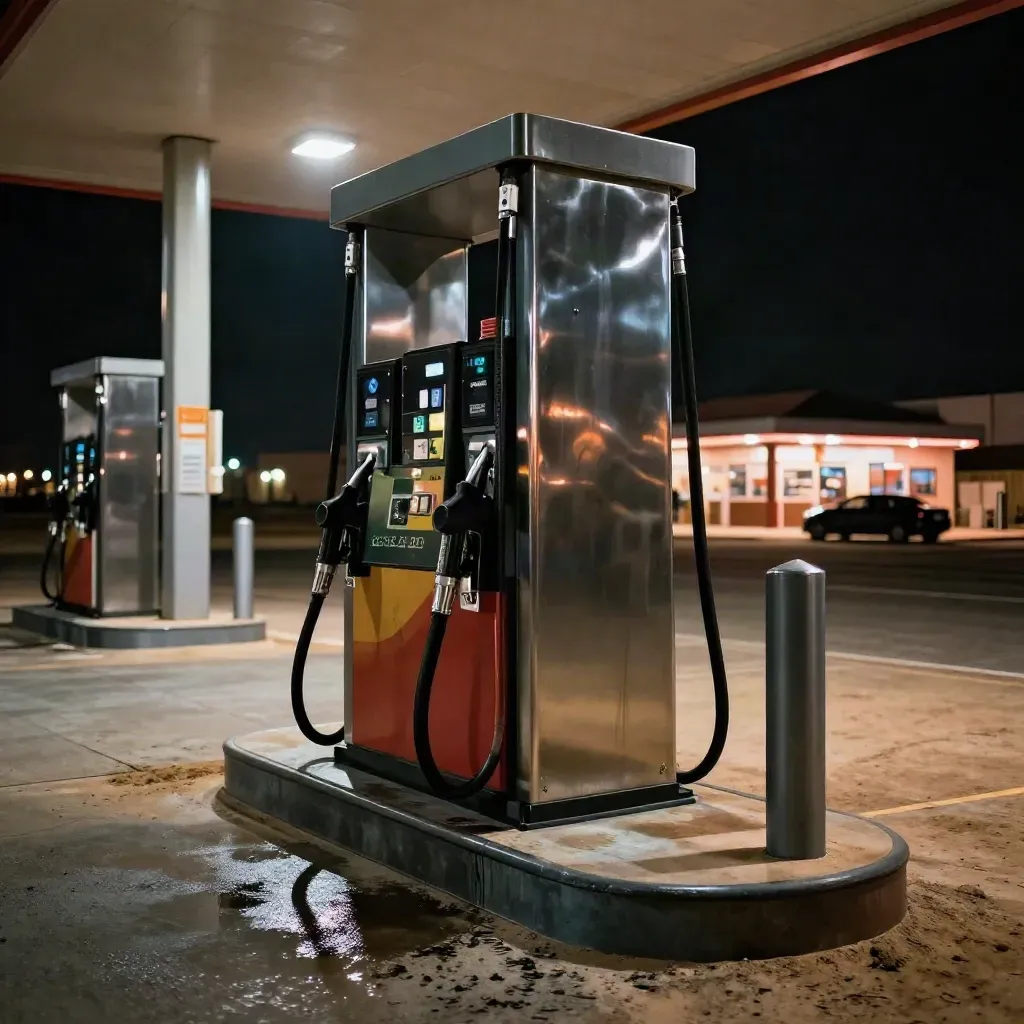 Lit desert fuel stop at night with glowing canopy, pumps, diner glow, and a parked car silhouette.