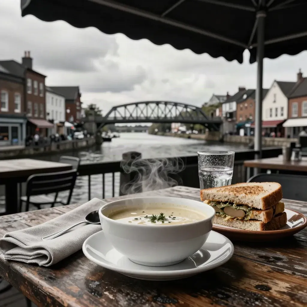 Soup bowl and sandwich on a river-town patio with a bridge and brightening clouds beyond.