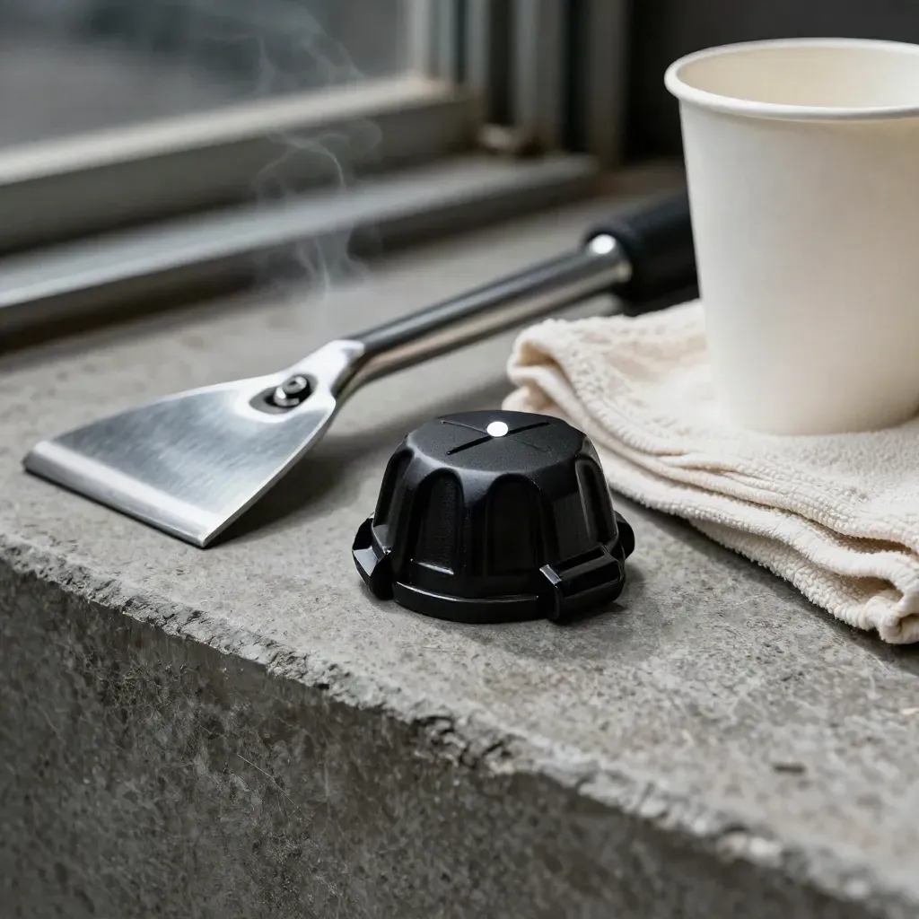 Fuel cap, squeegee, towel, and paper cup on a concrete ledge in soft garage light
