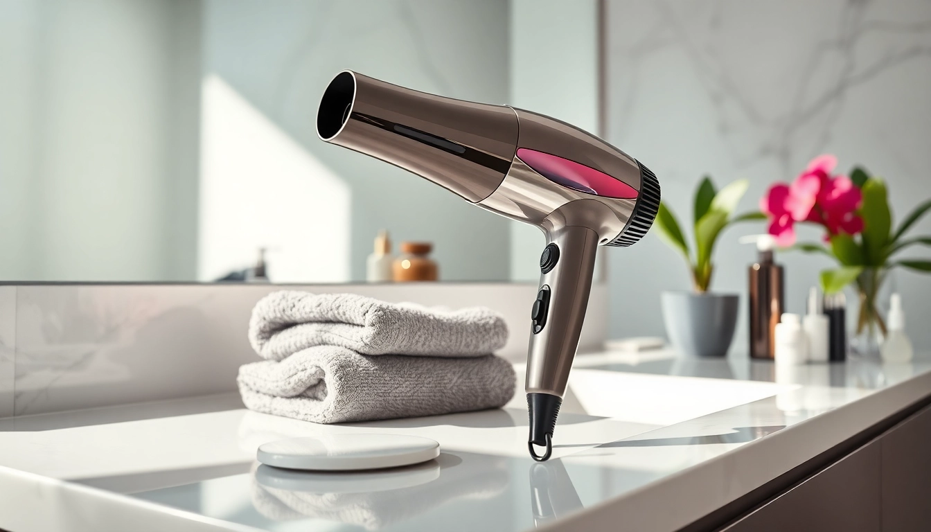 Stylish ionic blow dryer on a modern vanity, emphasizing its sleek design and features.
