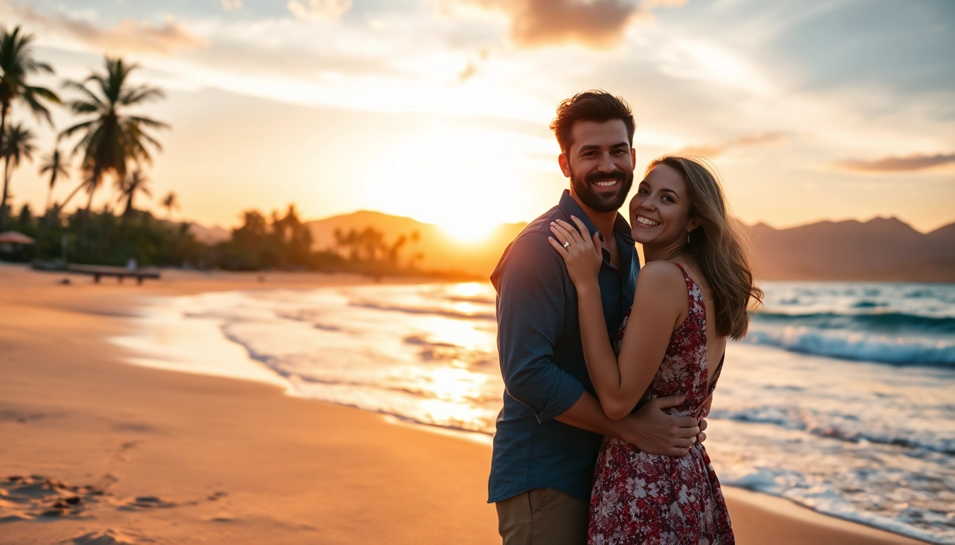 Capturing a romantic moment, a destination photographer frames a couple on a beautiful sunset beach.