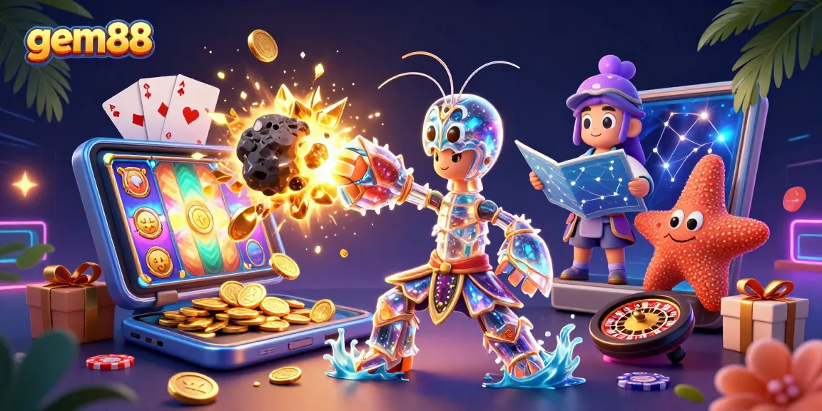 Experience gem88's thrilling adventure with vibrant casino-themed characters and games in a dynamic 3D illustration.