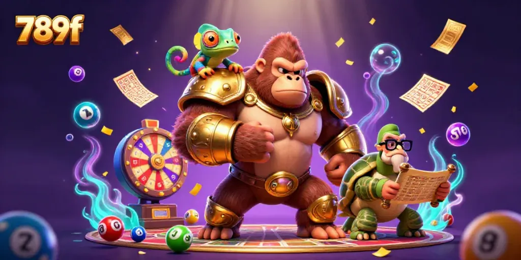Experience thrilling gaming action with 789f's colorful lottery and casino elements in a vibrant 3D scene.