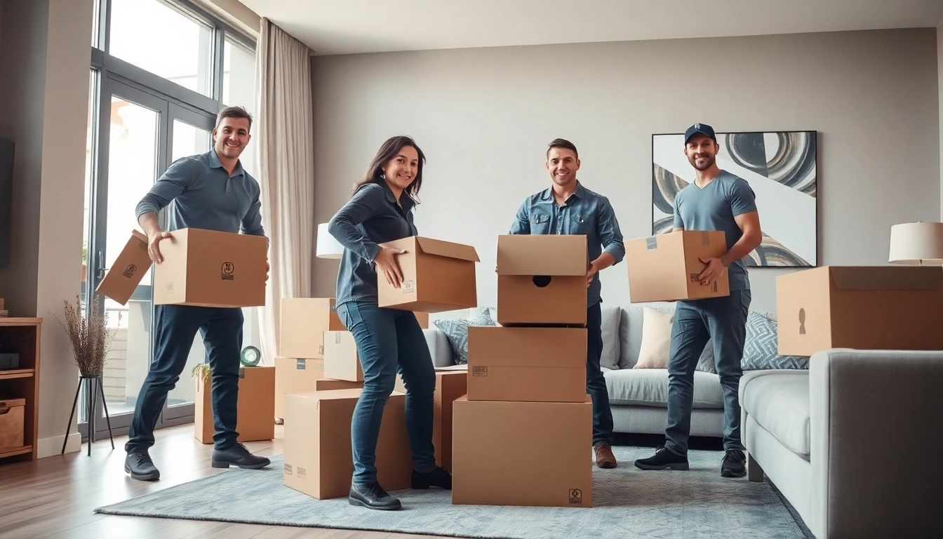 Calgary movers expertly arranging items in a modern apartment, showcasing efficiency and teamwork.