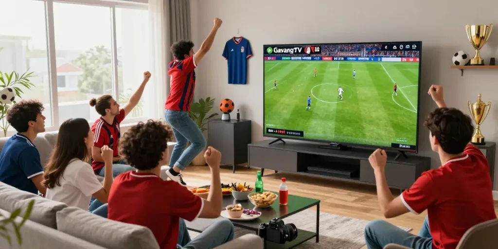 Fans watching GavangTV's live football broadcast in HD, celebrating thrilling moments together.