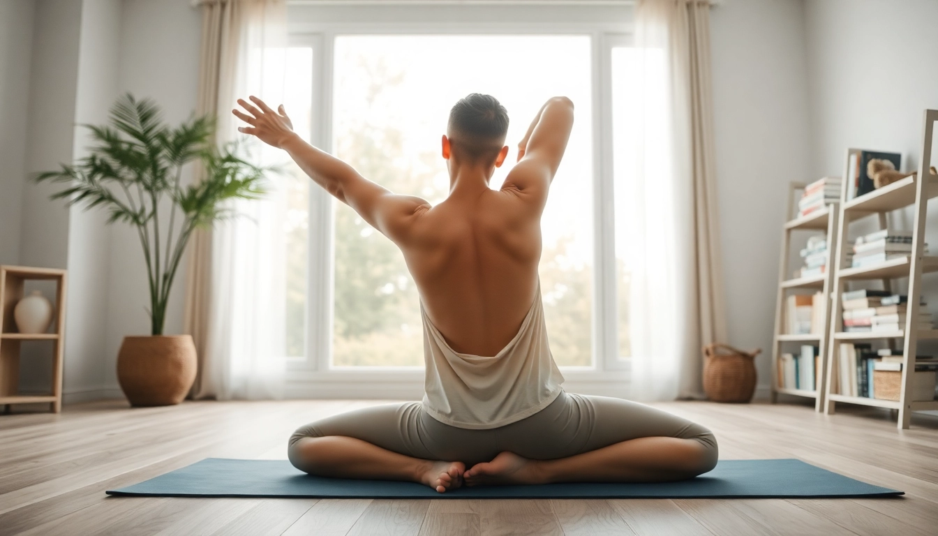 Individual demonstrating stretches to alleviate back pain in a serene home setting.