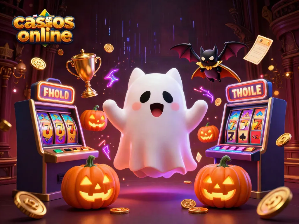 Descubre los mejores casinos online con una escena vibrante de un gato fantasma y un murciélago.