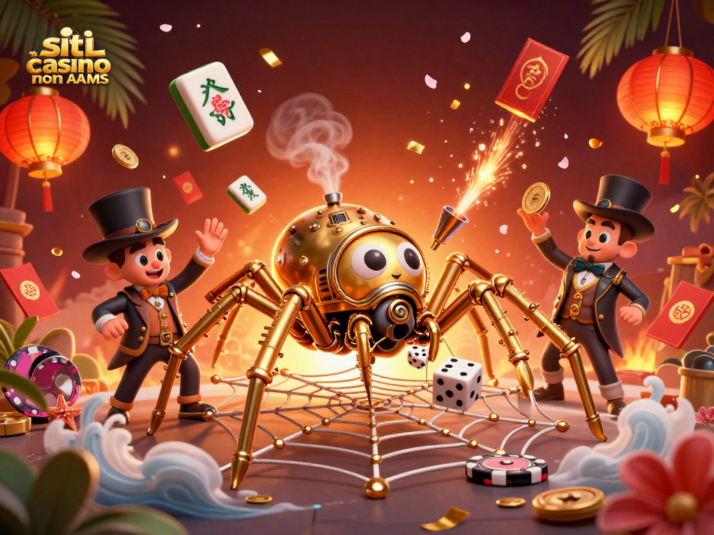 Gioca ai siti casino non AAMS con una scena vivace e dettagliata di un ragno steampunk, dadi e decorazioni di gioco.