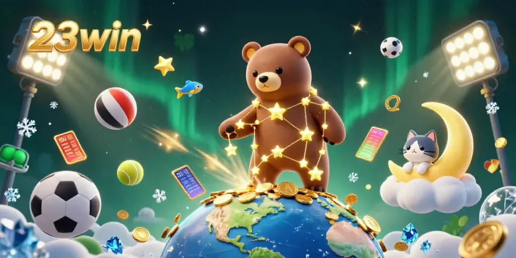 Engage with 23win’s thrilling world of online gaming featuring a cartoon bear and vibrant sports elements.