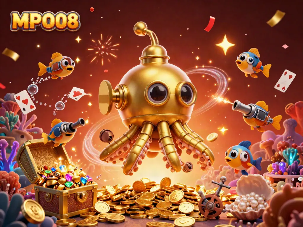MPO08 showcases a vibrant underwater scene with a golden kraken submarine and treasure-filled adventure.