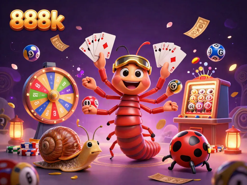 Experience the vibrant excitement of 888k with cards, chips, and playful characters in a colorful casino scene.