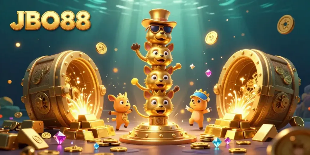 Experience the excitement of JBO88 with a vibrant illustration of a golden totem pole and treasure in a dynamic casino scene.