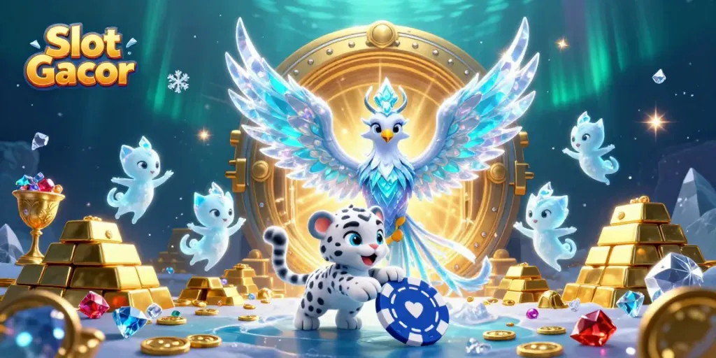 Engage with Slot Gacor through a vibrant 3D illustration featuring playful characters and rich casino elements.