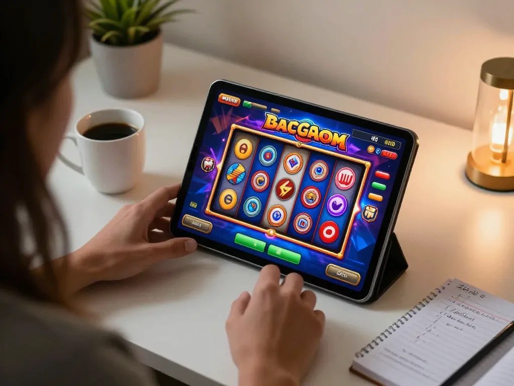 Experience the thrill of slot gacor gaming on a tablet, showcasing strategic play in a cozy home setup.