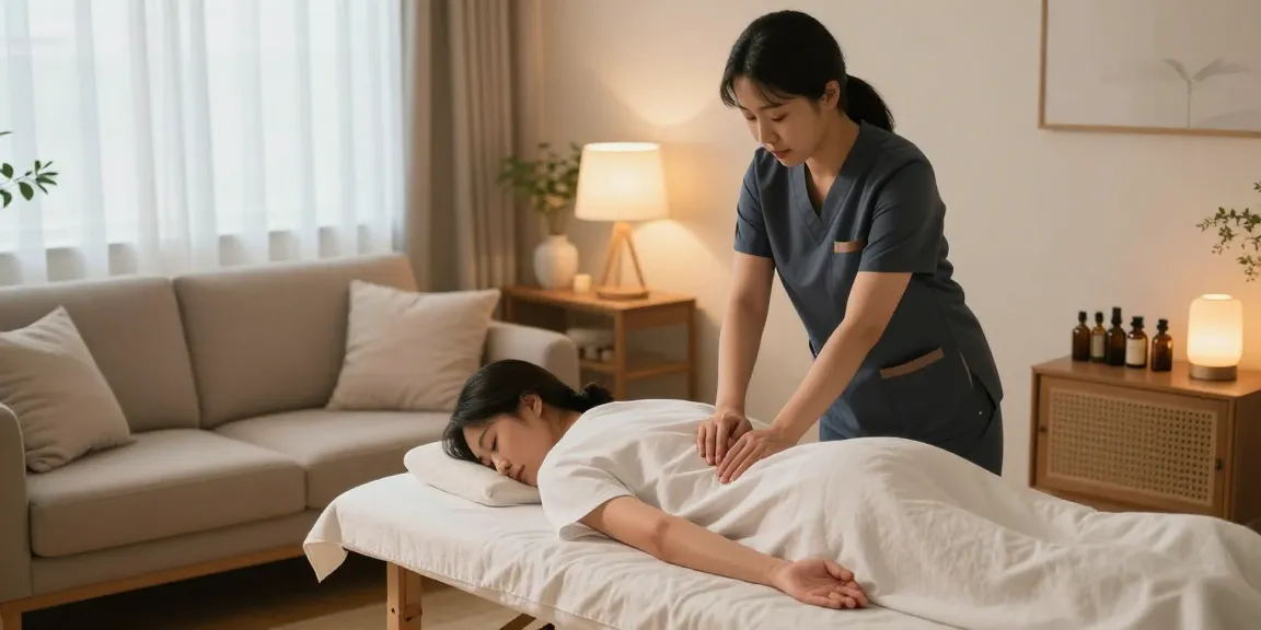 Relaxing scene of a professional delivering 종로출장안마 massage therapy in a cozy home, emphasizing tranquility and self-care.