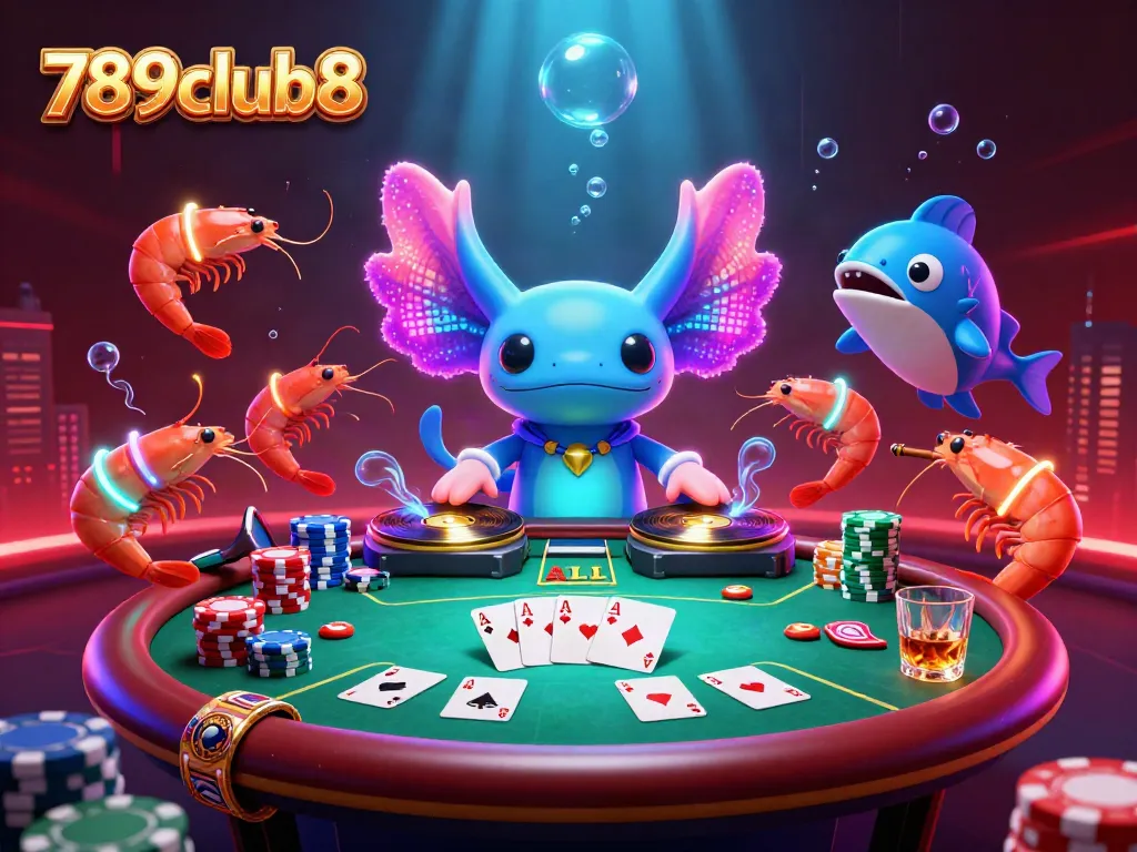 Experience the vibrant energy of 789club8 with a lively underwater gaming scene featuring a DJ, shrimp dancers, and poker elements.