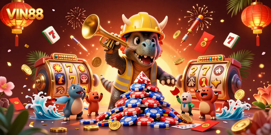 Engage with VIN88's thrilling slot experience featuring celebratory characters and dynamic casino elements.