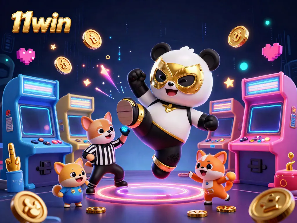 Experience thrilling gameplay at 11win with the panda wrestler and fun gaming elements in a vibrant casino scene.