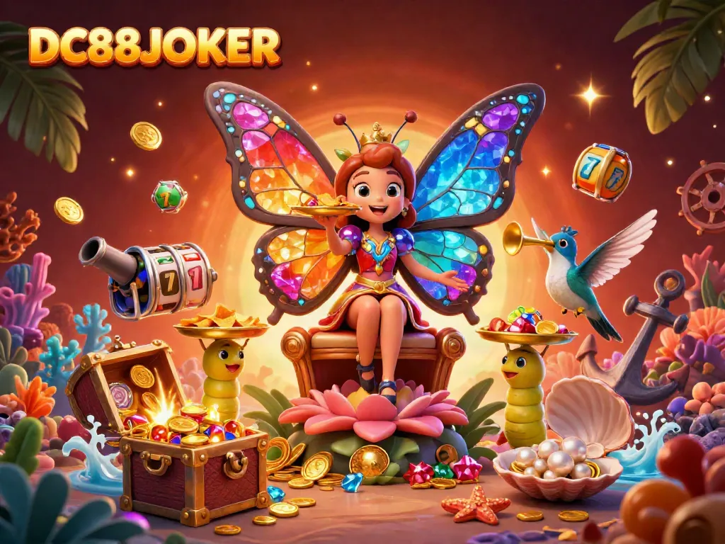 Experience thrilling entertainment with DC88JOKER in this vibrant casino-themed illustration featuring a butterfly queen.