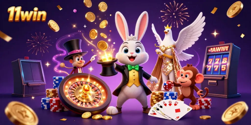 Gamblers enjoy magical moments at 11win with coins and cards soaring in the air.