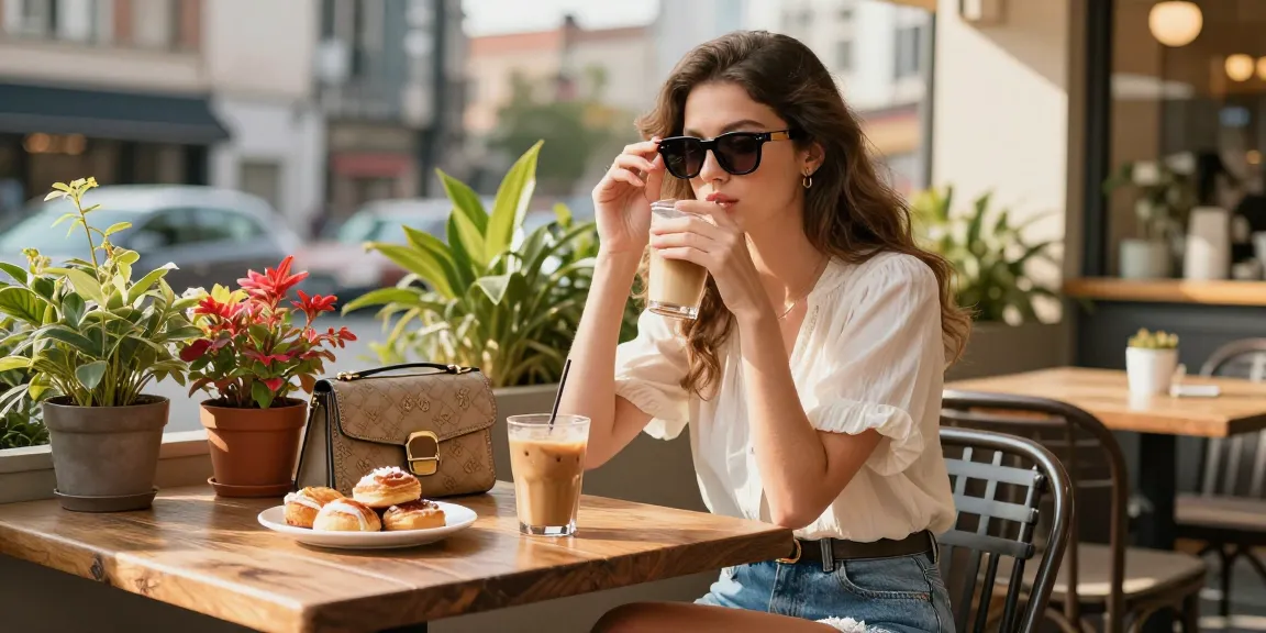 Stylish woman adjusting óculos de grau at outdoor café, embracing fashion and lifestyle.