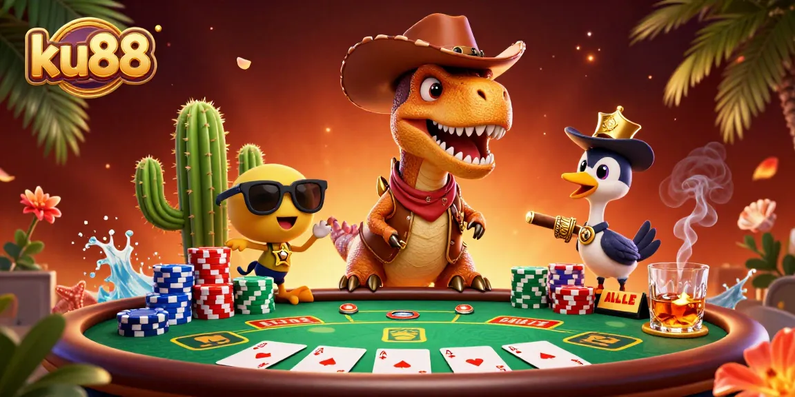 ku88 characters invite players to a vibrant poker showdown with colorful chips and cards