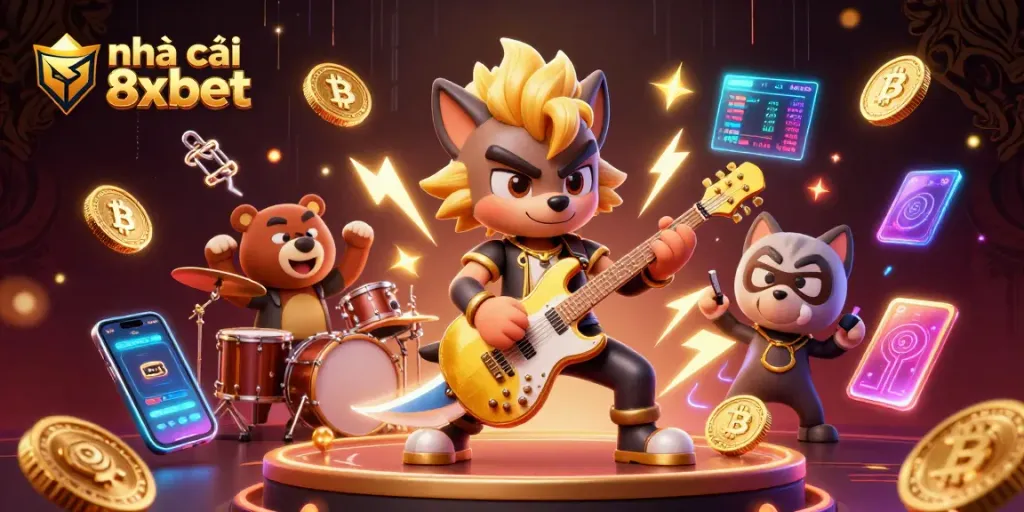 Experience thrilling gaming at nhà cái 8xbet with dramatic 3D casino illustration showcasing vibrant characters and elements.