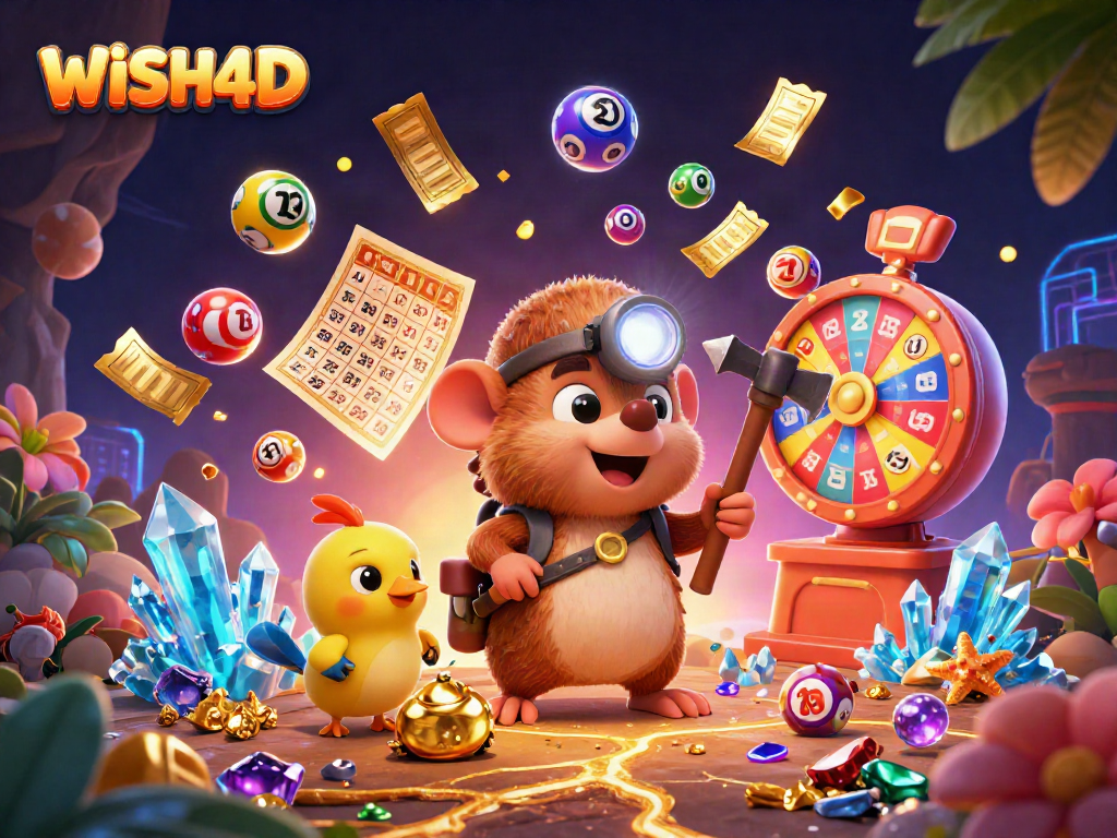 Experience WISH4D's vibrant lottery scene with a treasure hunter mole, dynamic prizes, and excitement.
