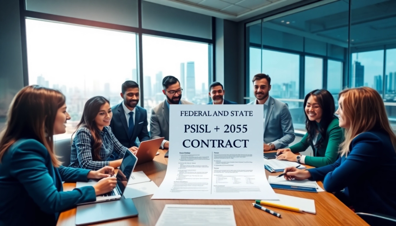 Team discussing Federal and State contracts in a professional office environment.