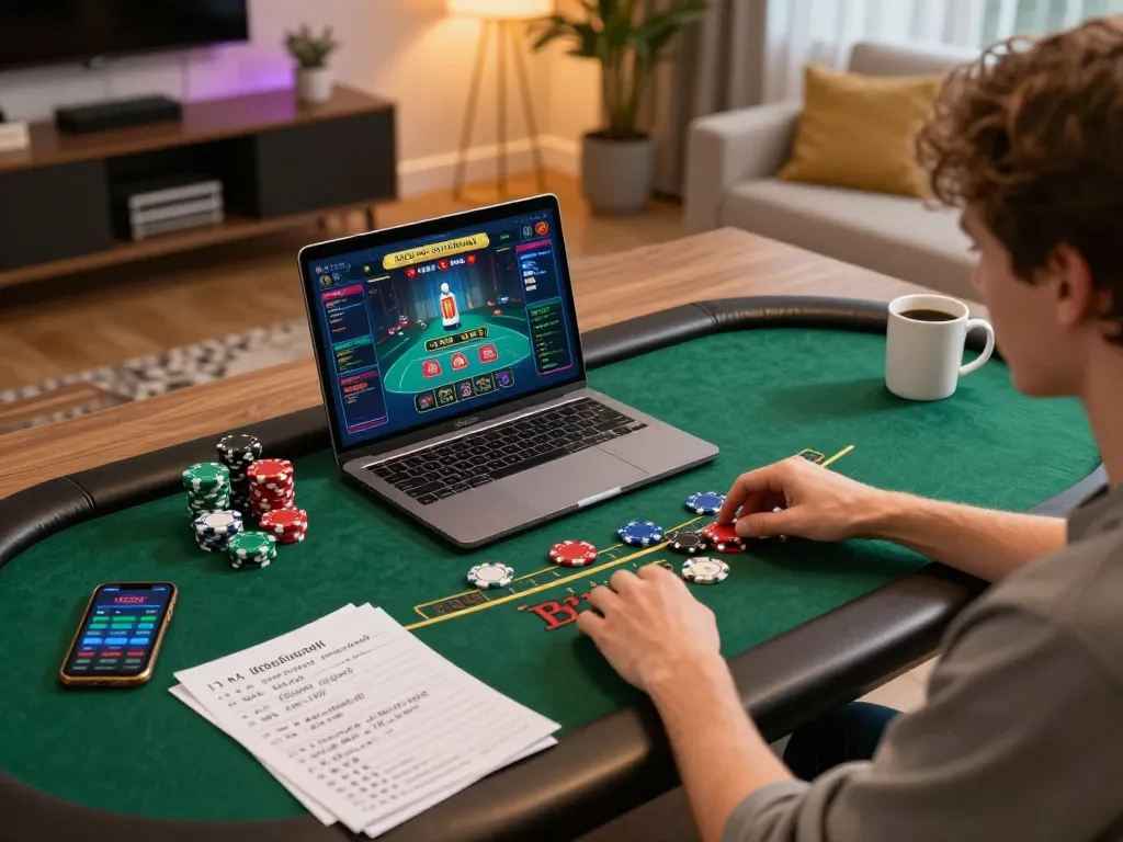 Engaging in a live blackjack game online with 79king, featuring strategic notes and a stylish setup.
