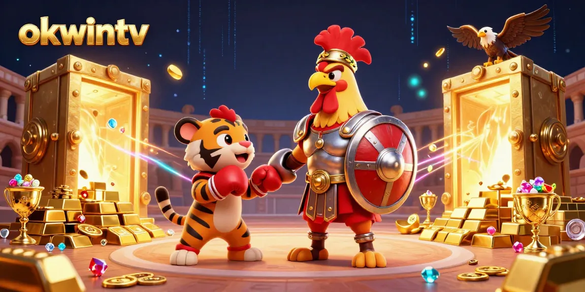 Engage in action with okwintv: a vibrant scene featuring a gladiator rooster and treasures in a dynamic casino realm.