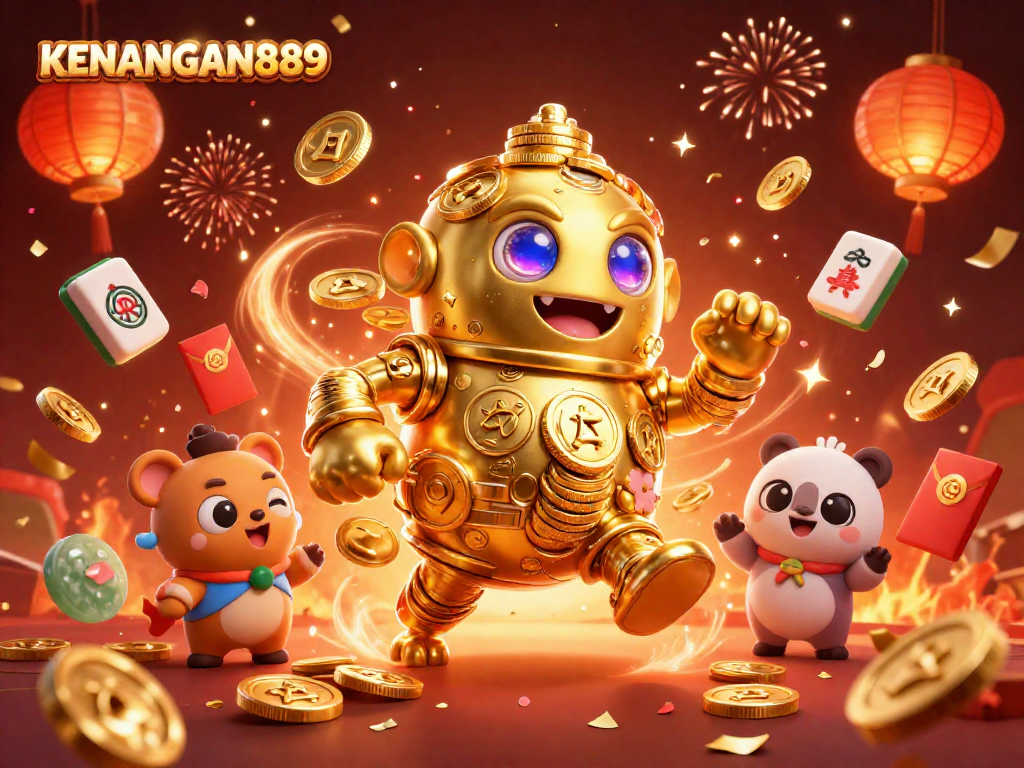 Experience the vibrant excitement of KENANGAN889 with dynamic gaming elements and a golden golem mascot.