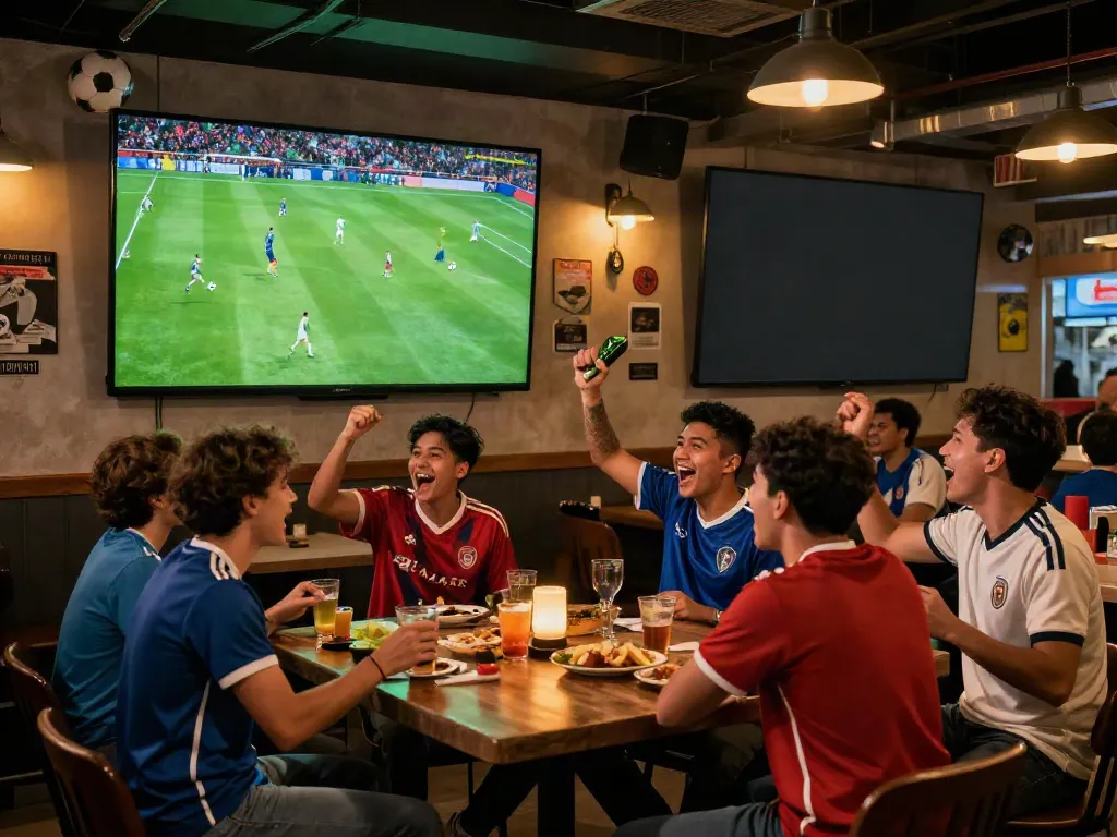 Fans engaging with soccer match at https://gavangtv.life/ in a lively sports bar atmosphere, showcasing teamwork and excitement.