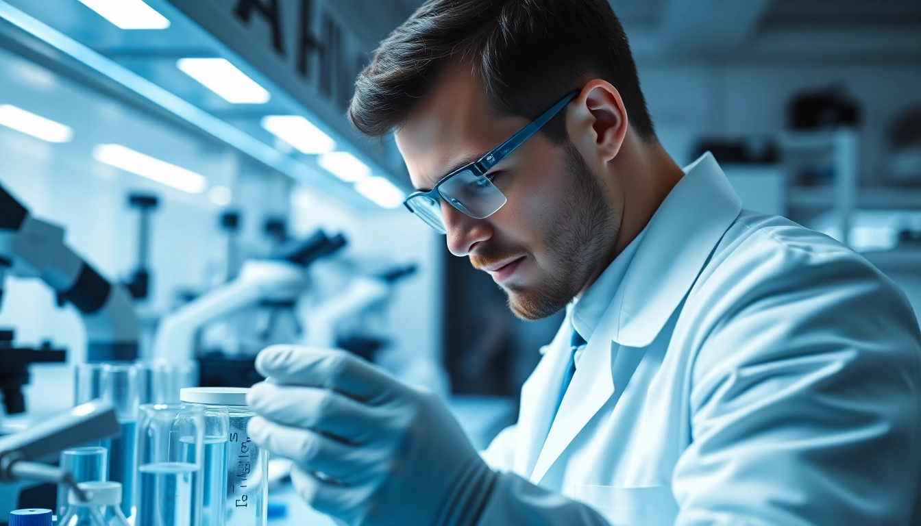 Researcher analyzing peptides in a modern lab with advanced scientific equipment.