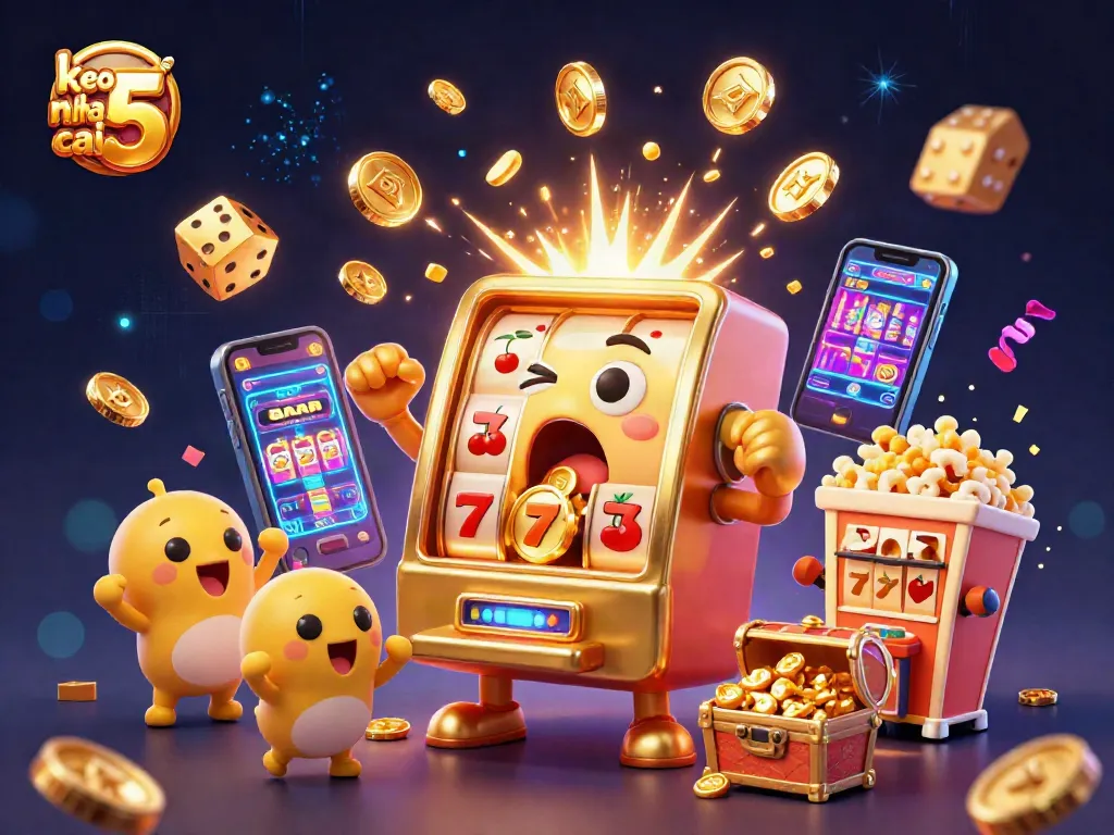 Engage with keo nha cai 5 through an exciting cartoon slot machine jackpot scene.
