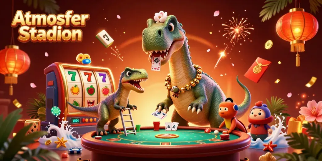 Experience the vibrant Atmosfer Stadion with thrilling casino elements and a playful dinosaur scene.