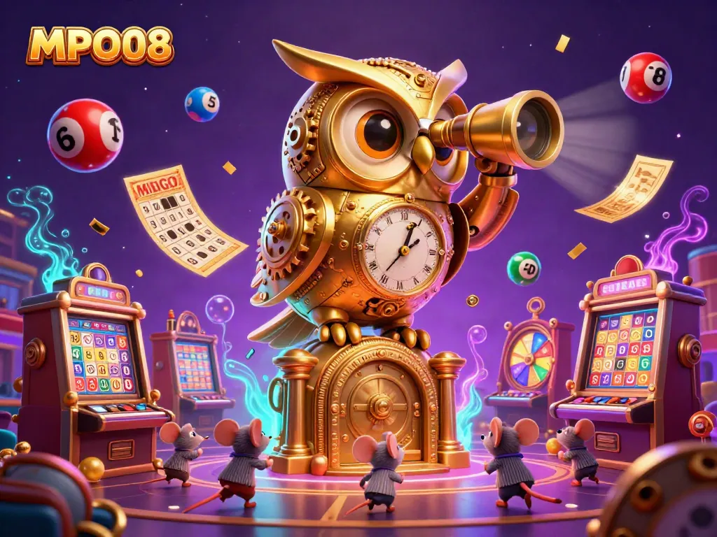 Engage with MPO08's dynamic casino world featuring a golden owl and colorful lottery balls.