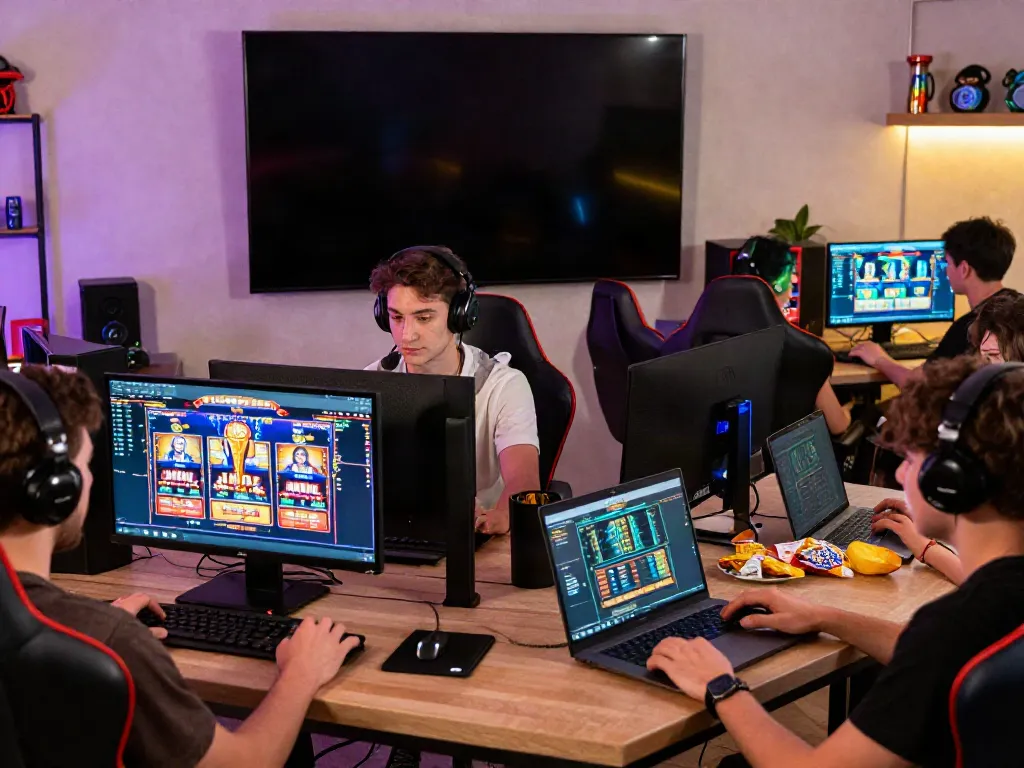 A vibrant scene of players enjoying QQMacan alternatif, showcasing engaging slot games and live casino experiences.