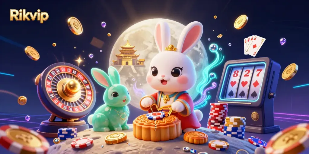 Engage in top-tier gaming action with Rikvip as a moon rabbit reveals poker chips inside golden mooncakes.