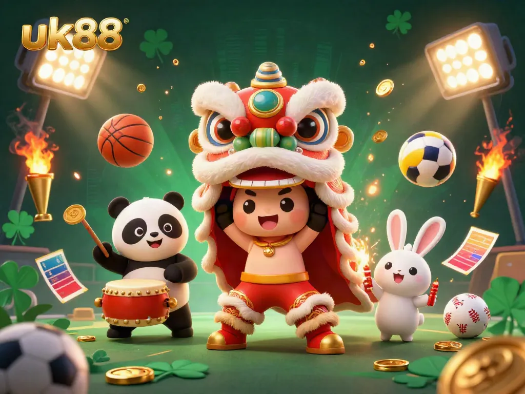 Experience the festive excitement of uk88 with vibrant casino elements and a lively lion dance.