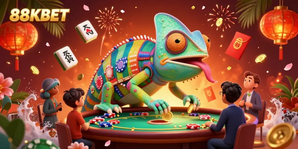 Experience thrilling gaming with the vibrant 88KBET casino chameleon, capturing golden coins in a lively environment.