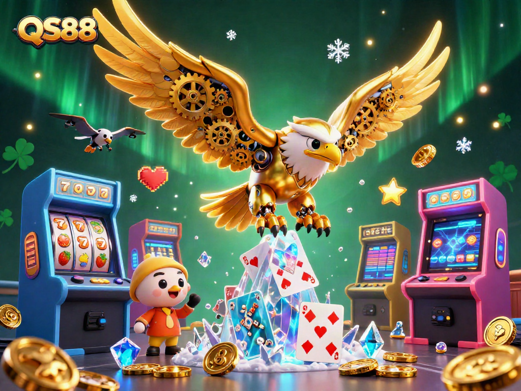 Experience exhilarating gameplay with QS88's immersive casino scene filled with holographic cards and golden elements.