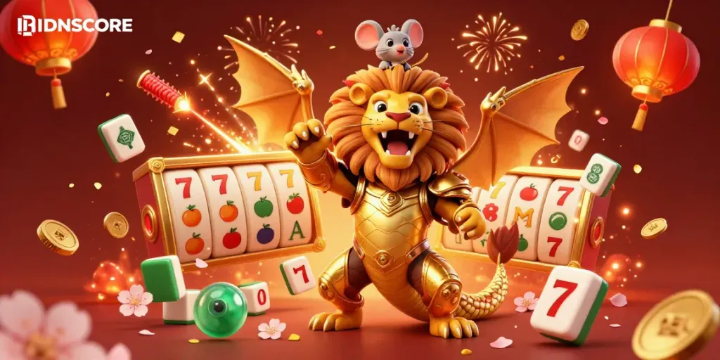 IDNSCORE transports players into a vibrant gaming world featuring a chimera, slot reels, and golden elements.