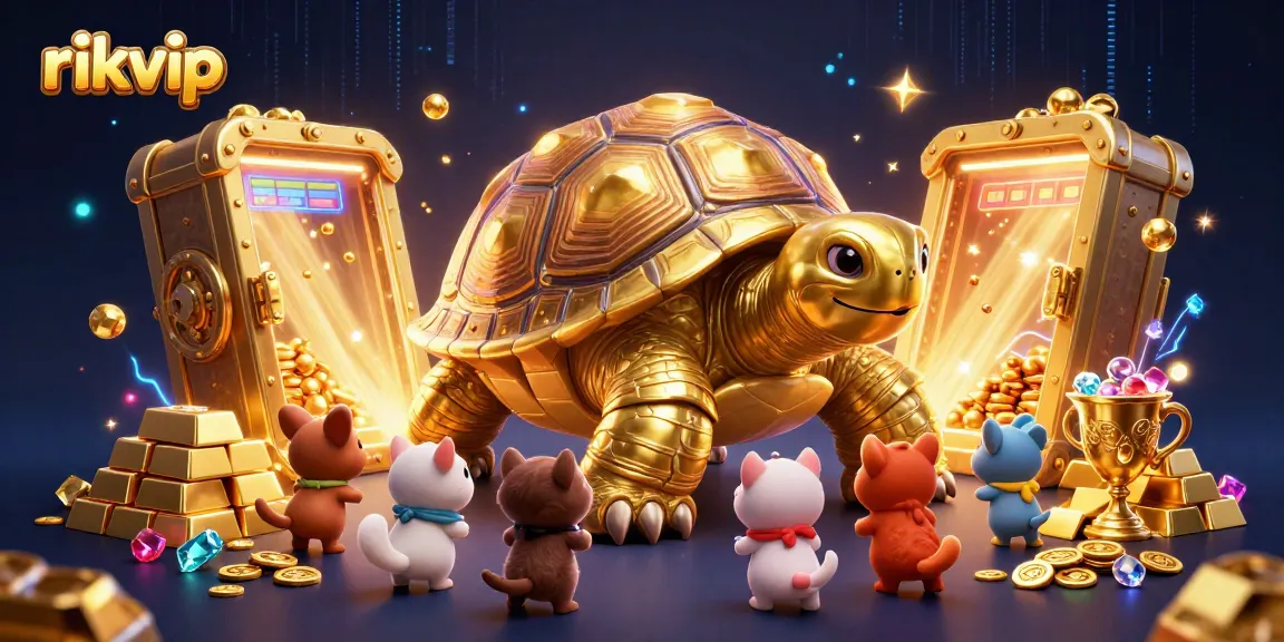 Engage with rikvip’s exciting gameplay featuring a colossal tortoise pinball machine amidst a treasure-filled casino scene.