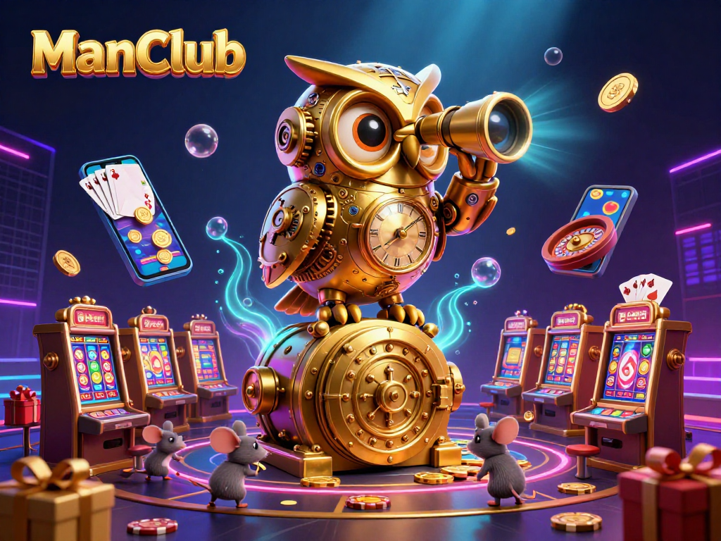 Experience thrilling casino action at ManClub, showcasing a golden owl and games galore.