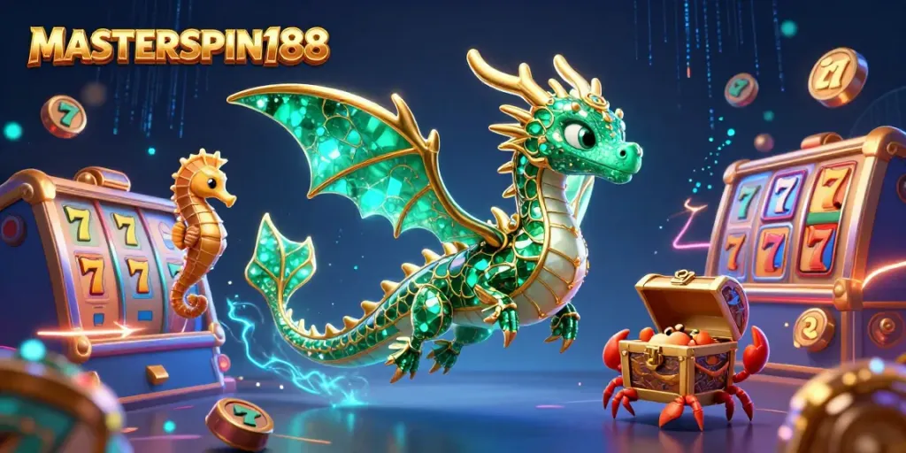 Spin to win with MASTERSPIN188, featuring vibrant slot reels and enchanting sea creatures.