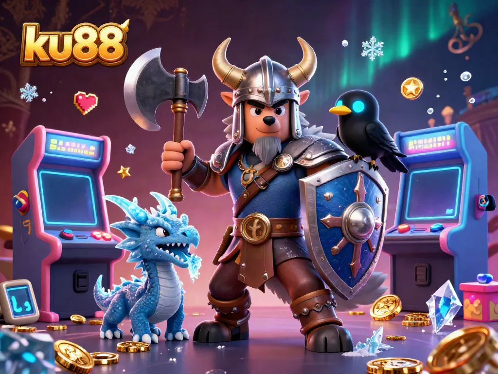 ku88 showcases a dynamic gambling-themed illustration with a Viking wolf warrior, fierce dragon, and glowing raven amid vibrant casino elements.