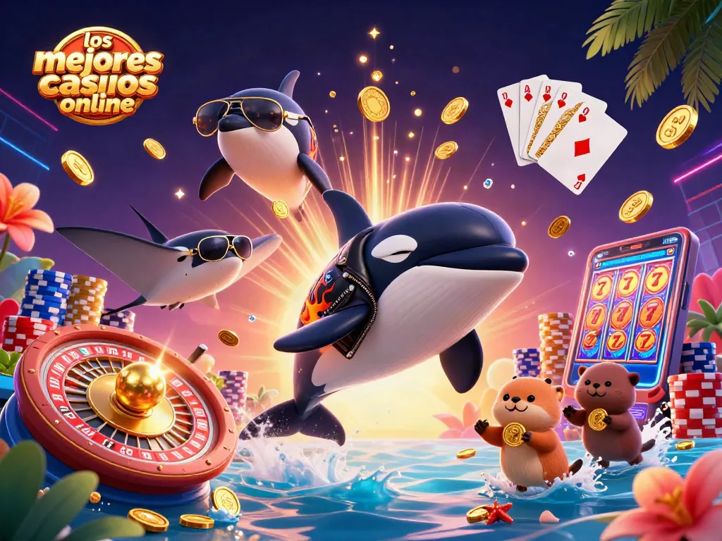 Disfruta de los mejores casinos online con un orca y una manta volando entre monedas doradas.