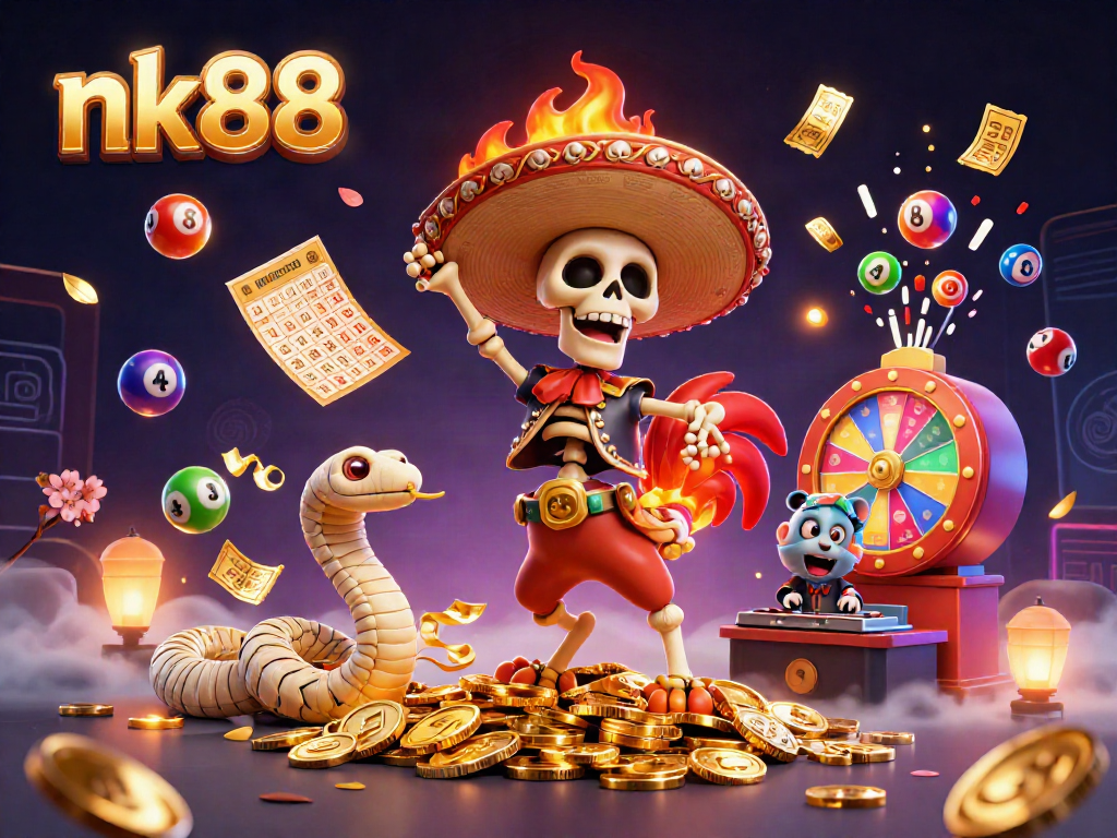 Experience nk88's thrilling lottery action with a vibrant scene of cartoons and prizes!