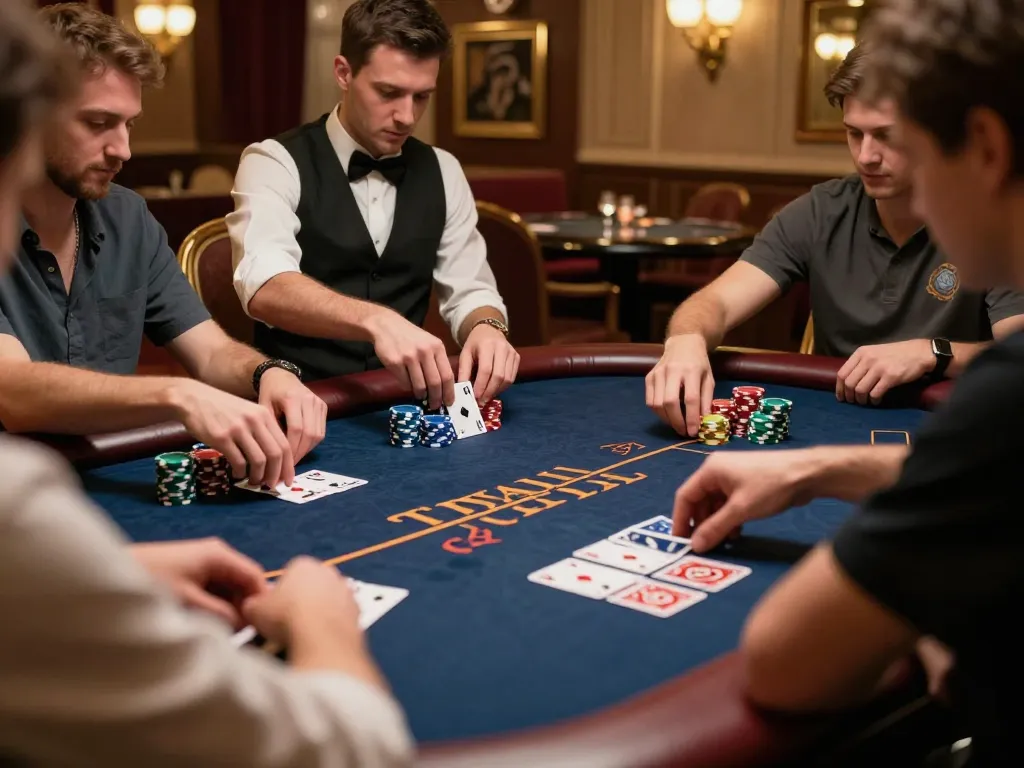 Nhatvip poker game action with players focused on cards and dealer managing bets.